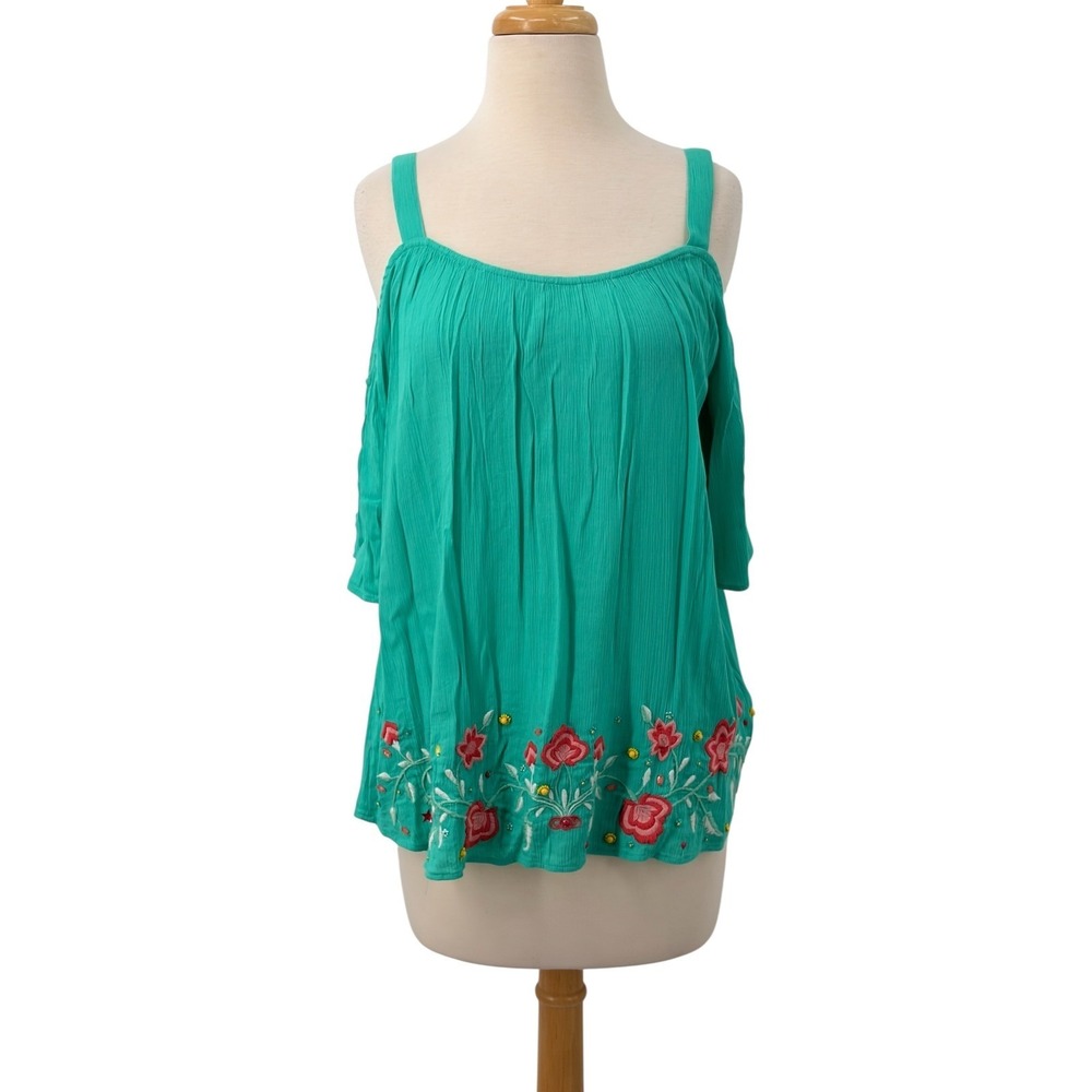 Crown & Ivy Womens Green Floral Embroidered Cold Shoulder Boho Blouse Top Size M